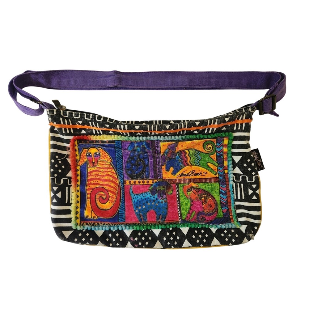 Laurel Burch 14" Crossbody‎ Purse Shoulder Bag Abstract Colorful Cat Print